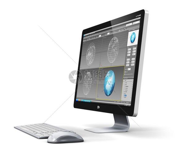 3d设计技术商业概念专台式工作站计算机个人电脑在监视屏幕键盘和白